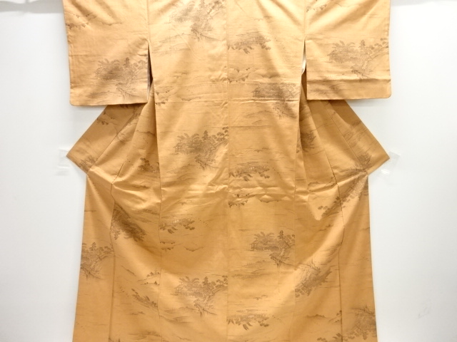 遠山に家屋・寺塔模様手織り紬着物